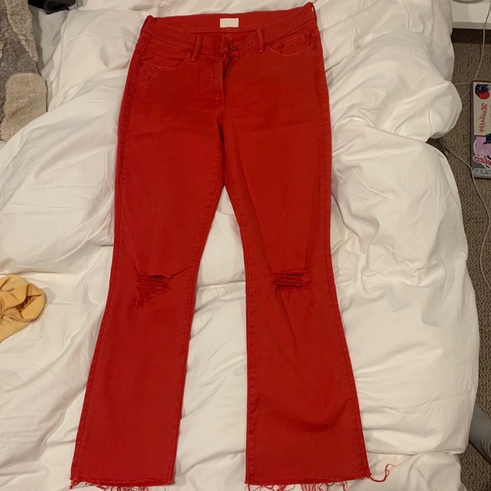 MOTHER RED CROP FLARE JEANS